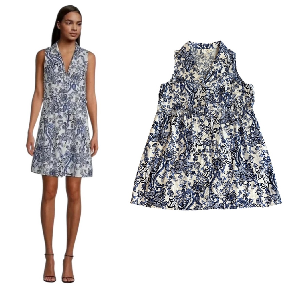 Eliza J Linen Blend Dress Sleeveless White Blue Paisley Floral Print Size 16W